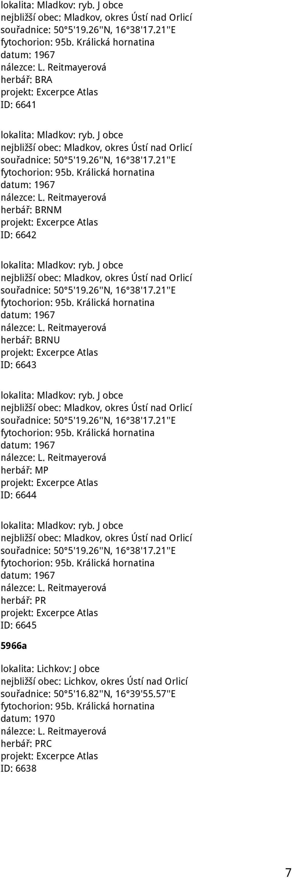 nejbližší obec: Lichkov, okres Ústí nad Orlicí souřadnice: 50 5'16.82''N, 16 39'55.57''E fytochorion: 95b. Králická hornatina datum: 1970 nálezce: L. Reitmayerová herbář: PRC ID: 6638 7