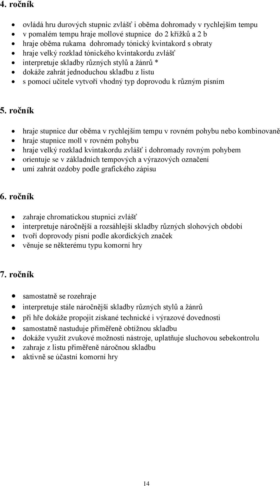 ročník hraje stupnice dur oběma v rychlejším tempu v rovném pohybu nebo kombinovaně hraje stupnice moll v rovném pohybu hraje velký rozklad kvintakordu zvlášť i dohromady rovným pohybem orientuje se