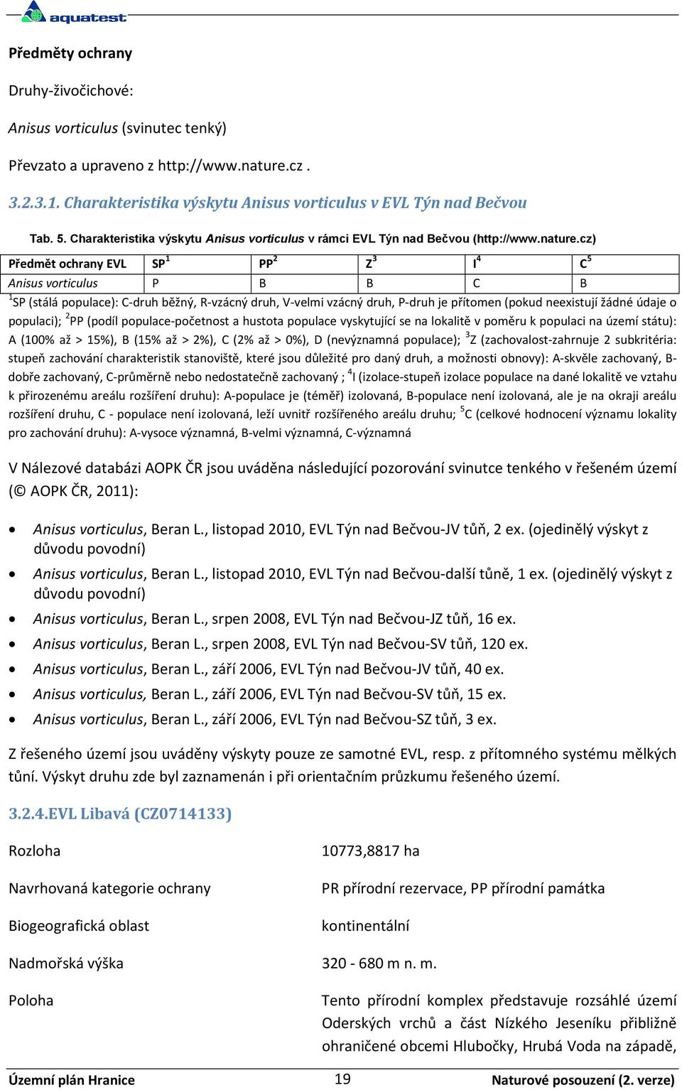 cz) Předmět ochrany EVL SP 1 PP 2 Z 3 I 4 C 5 Anisus vorticulus P B B C B 1 SP (stálá populace): C-druh běžný, R-vzácný druh, V-velmi vzácný druh, P-druh je přítomen (pokud neexistují žádné údaje o