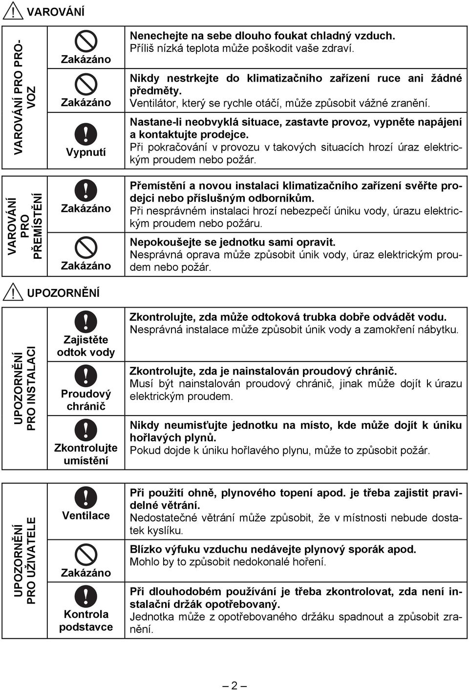 Nastane-li neobvyklá situace, zastavte provoz, vypněte napájení a kontaktujte prodejce. Při pokračování v provozu v takových situacích hrozí úraz elektrickým proudem nebo požár.