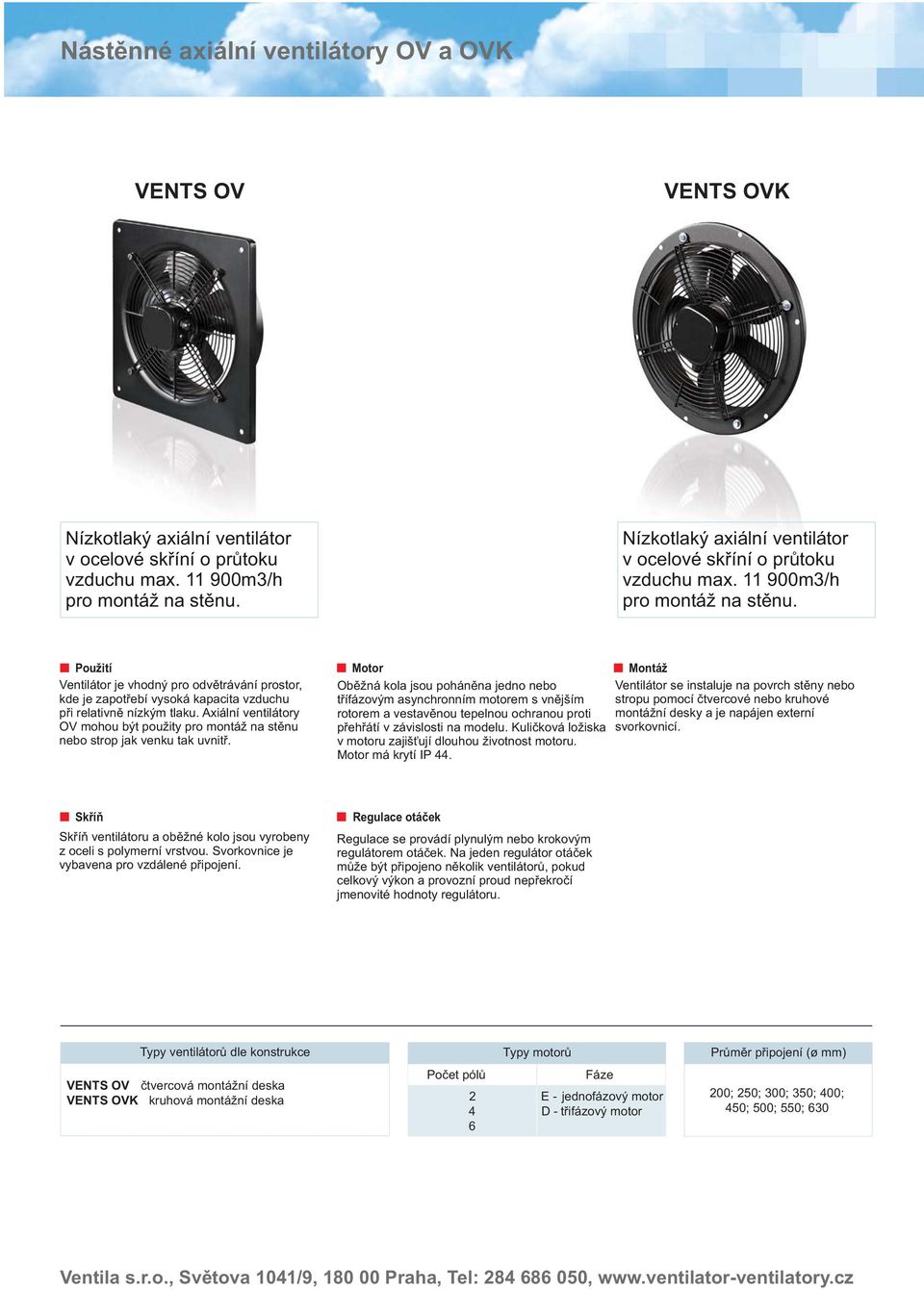 Axiální ventilátory OV mohou být použity pro montáž na stěnu nebo strop jak venku tak uvnitř. Skříň Nízkotlaký axiální ventilátor v ocelové skříní o průtoku vzduchu max. 00m3/h pro montáž na stěnu.