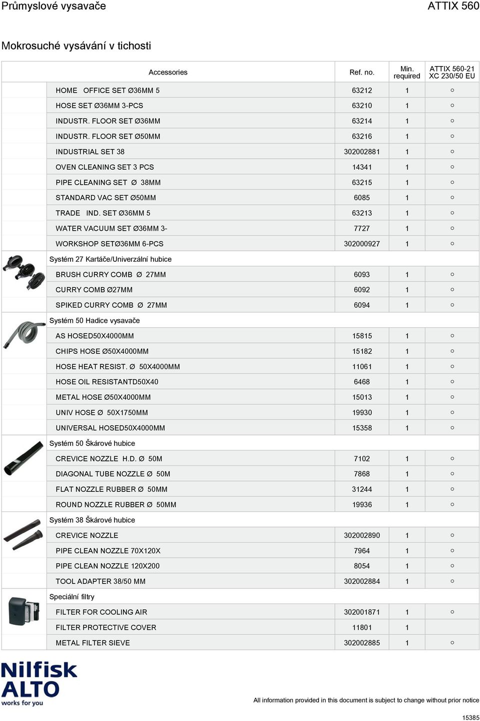 SET Ø36MM 5 63213 1 WATER VACUUM SET Ø36MM 3-7727 1 WORKSHOP SETØ36MM 6-PCS 302000927 1 Systém 27 Kartáče/Univerzální hubice BRUSH CURRY COMB Ø 27MM 6093 1 CURRY COMB Ø27MM 6092 1 SPIKED CURRY COMB Ø