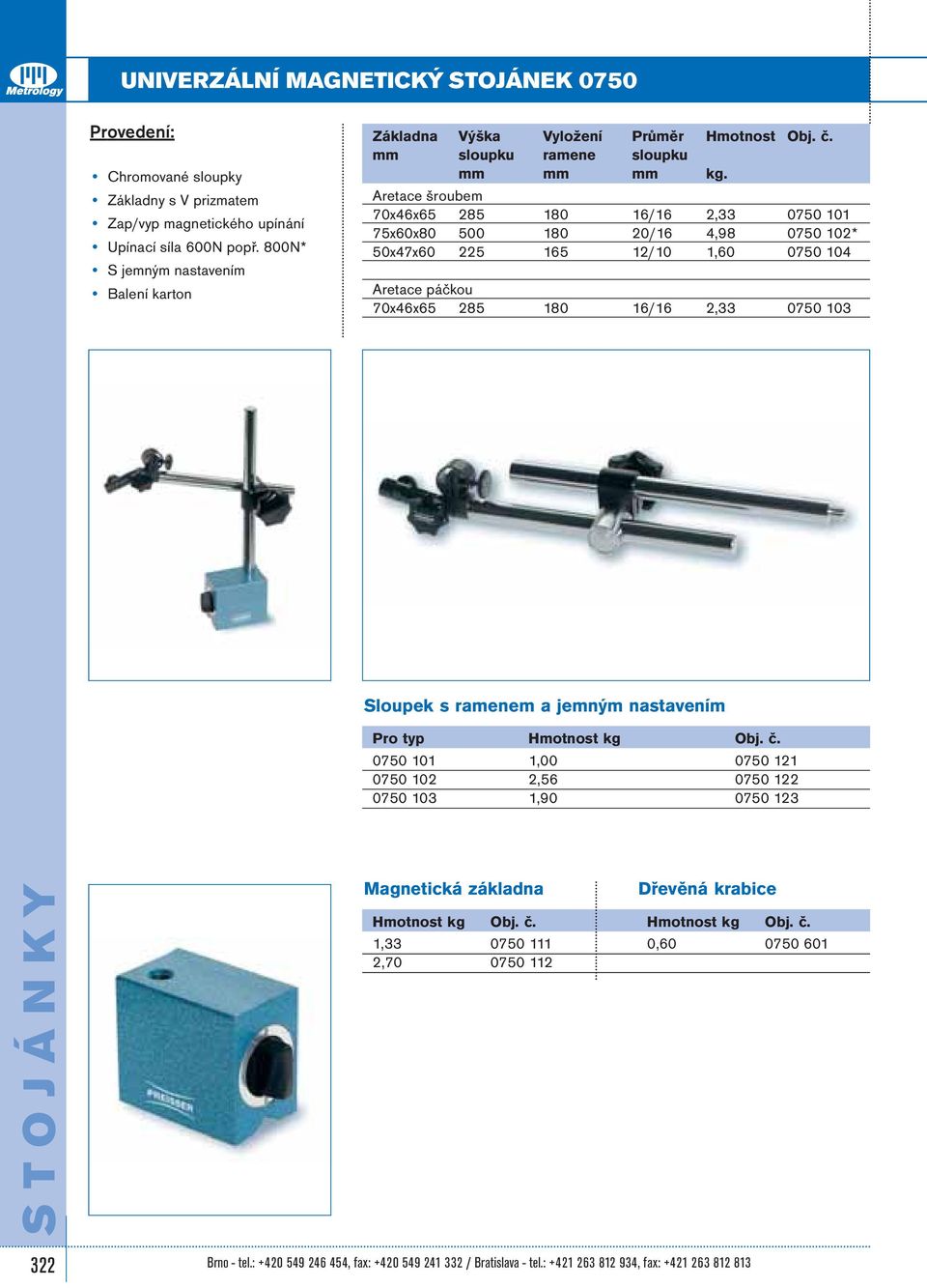 Aretace šroubem 70x46x65 285 180 16/16 2,33 0750 101 75x60x80 500 180 20/16 4,98 0750 102* 50x47x60 225 165 12/10 1,60 0750 104 Aretace páčkou 70x46x65 285 180 16/16 2,33 0750 103 Sloupek s ramenem a