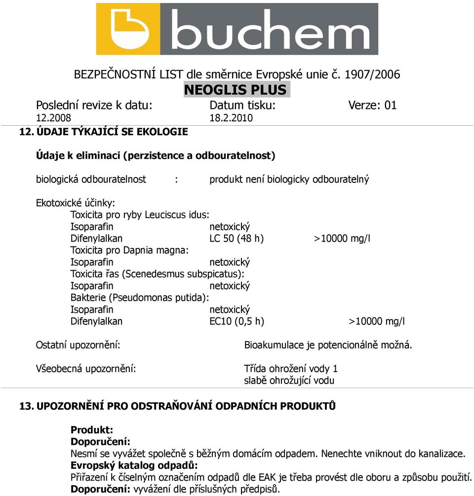 Isoparafin netoxický Difenylalkan EC10 (0,5 h) >10000 mg/l Ostatní upozornění: Bioakumulace je potencionálně možná. Všeobecná upozornění: Třída ohrožení vody 1 slabě ohrožující vodu 13.