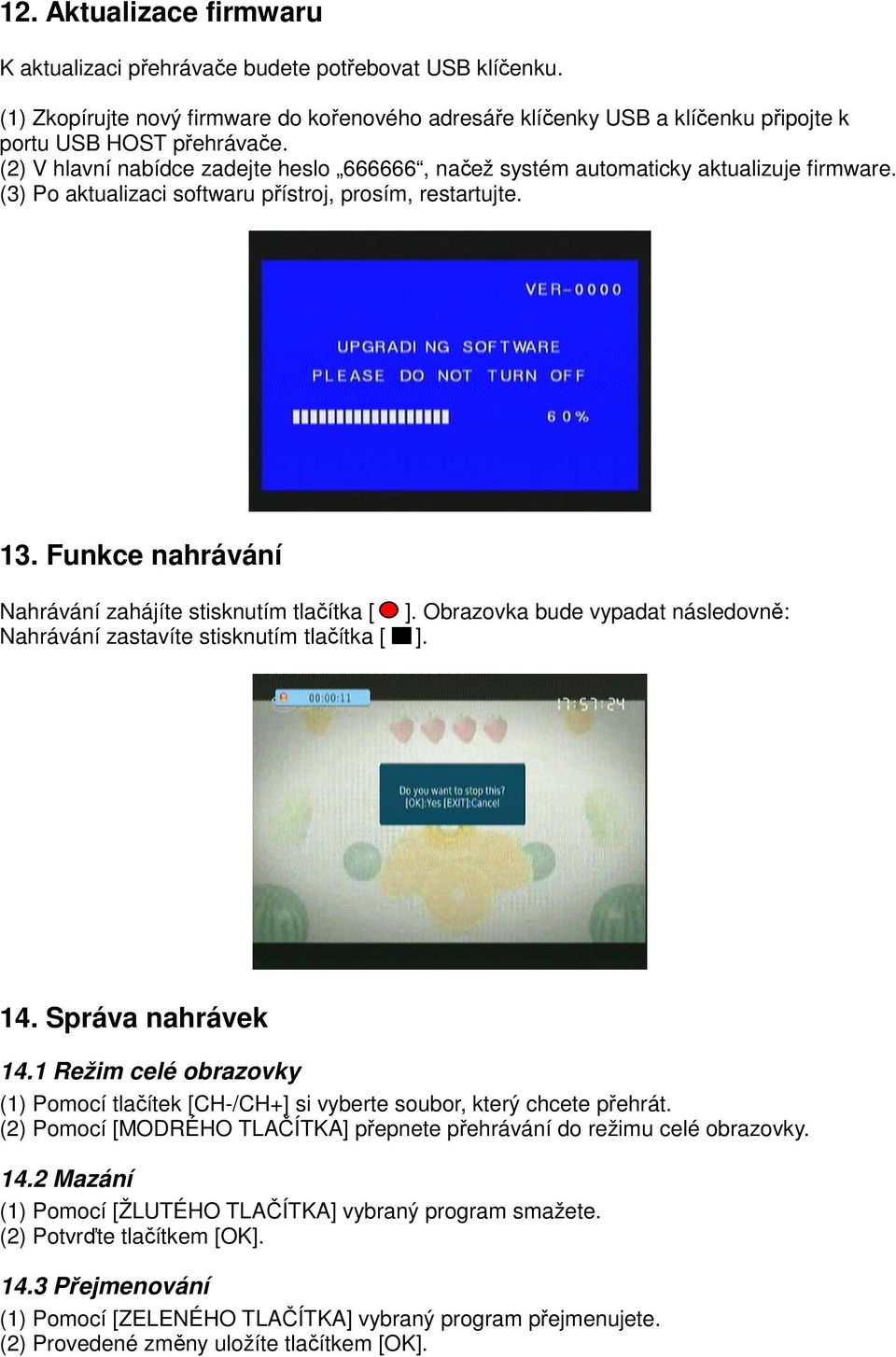 Funkce nahrávání Nahrávání zahájíte stisknutím tlačítka [ ]. Obrazovka bude vypadat následovně: Nahrávání zastavíte stisknutím tlačítka [ ]. 14. Správa nahrávek 14.