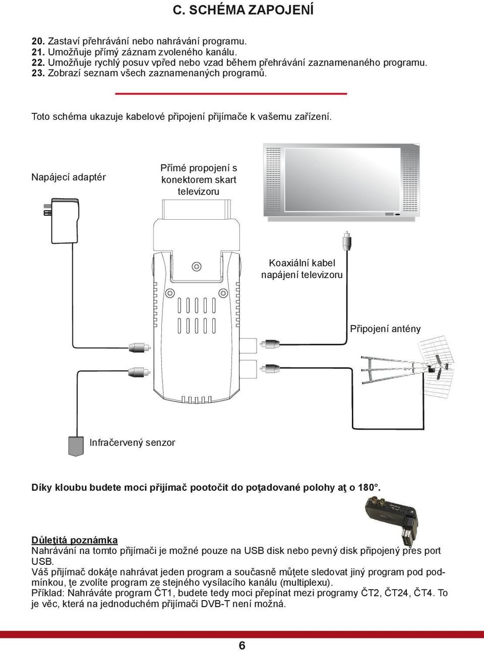 Napájecí adaptér Přímé propojení s konektorem skart televizoru Koaxiální kabel napájení televizoru Připojení antény Infračervený senzor Díky kloubu budete moci přijímač pootočit do poţadované polohy