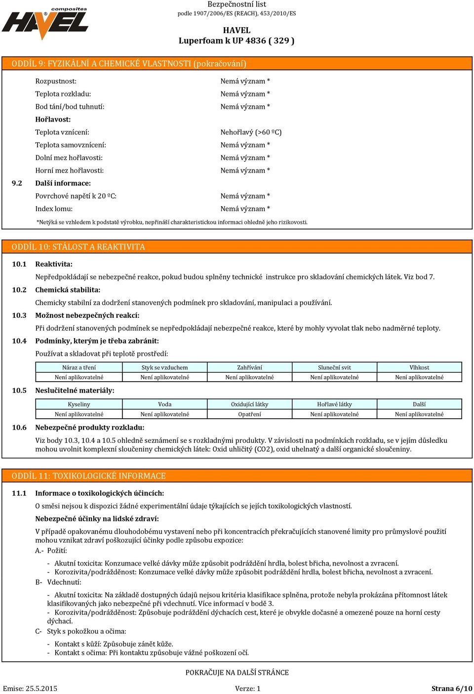 lomu: * * * Nehořlavý (>60 ºC) * * * * * *Netýká se vzhledem k podstatě výrobku, nepřináší charakteristickou informaci ohledně jeho rizikovosti. ODDÍL 10: STÁLOST A REAKTIVITA 10.1 10.2 10.3 10.