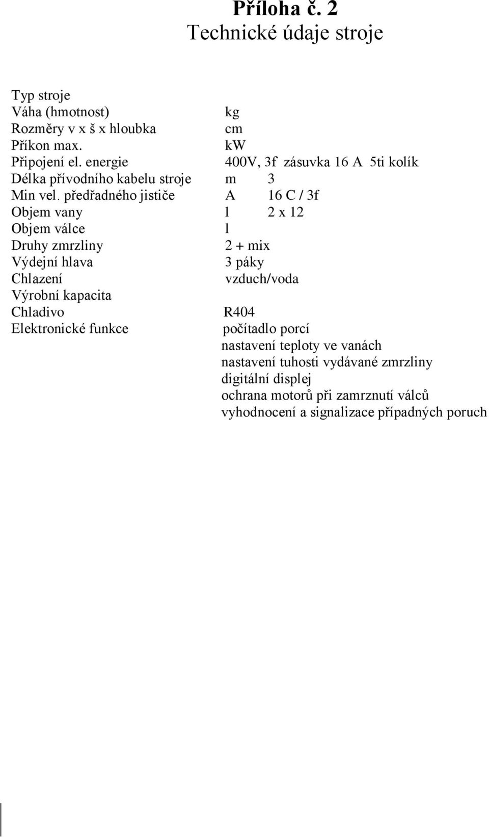 předřadného jističe A 16 C / 3f Objem vany l 2 x 12 Objem válce l Druhy zmrzliny 2 + mix Výdejní hlava 3 páky Chlazení vzduch/voda Výrobní