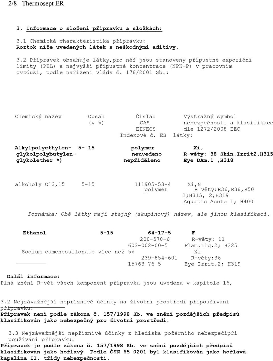 ES látky: Alkylpolyethylen- 5-15 polymer Xi, glykolpolybutylen- neuvedeno R-věty: 38 Skin.Irrit2,H315 glykolether *) nepřiděleno Eye DAm.