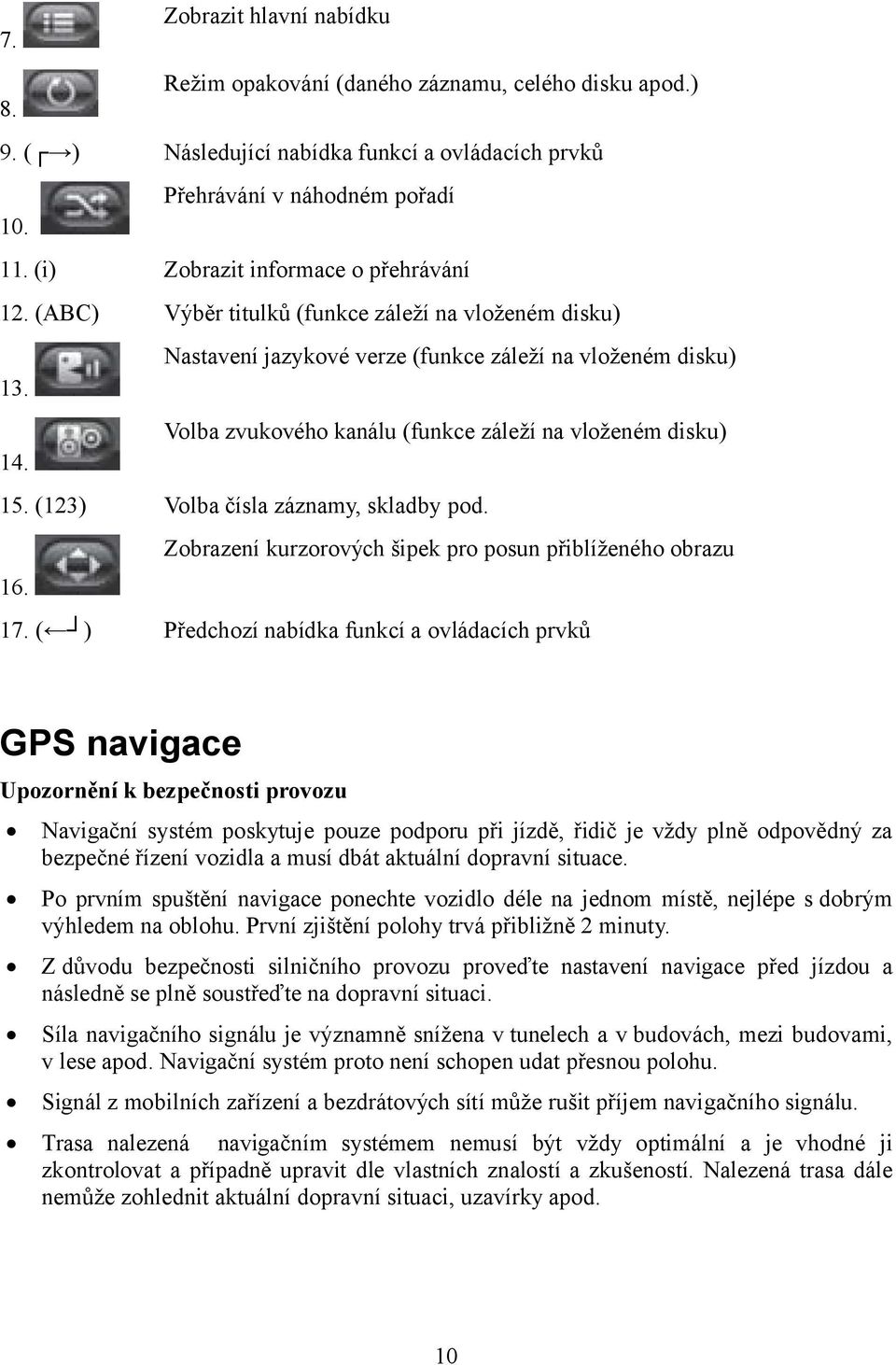 Volba zvukového kanálu (funkce záleží na vloženém disku) 14. 15. (123) Volba čísla záznamy, skladby pod. Zobrazení kurzorových šipek pro posun přiblíženého obrazu 16. 17.