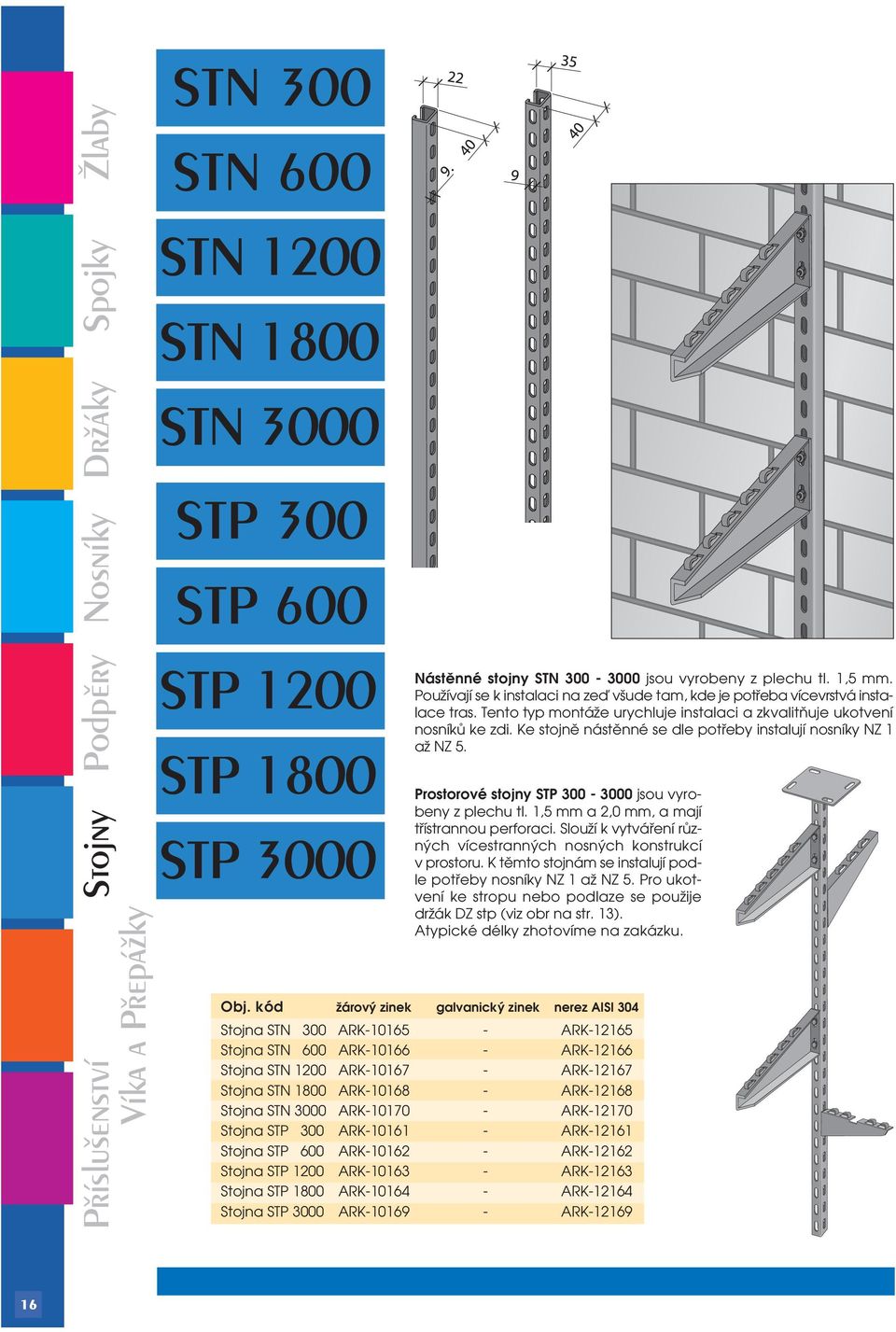 Ke stojně nástěnné se dle potřeby instalují nosníky NZ 1 až NZ 5. Prostorové stojny STP 300-3000 jsou vyrobeny z plechu tl. 1,5 mm a 2,0 mm, a mají třístrannou perforaci.