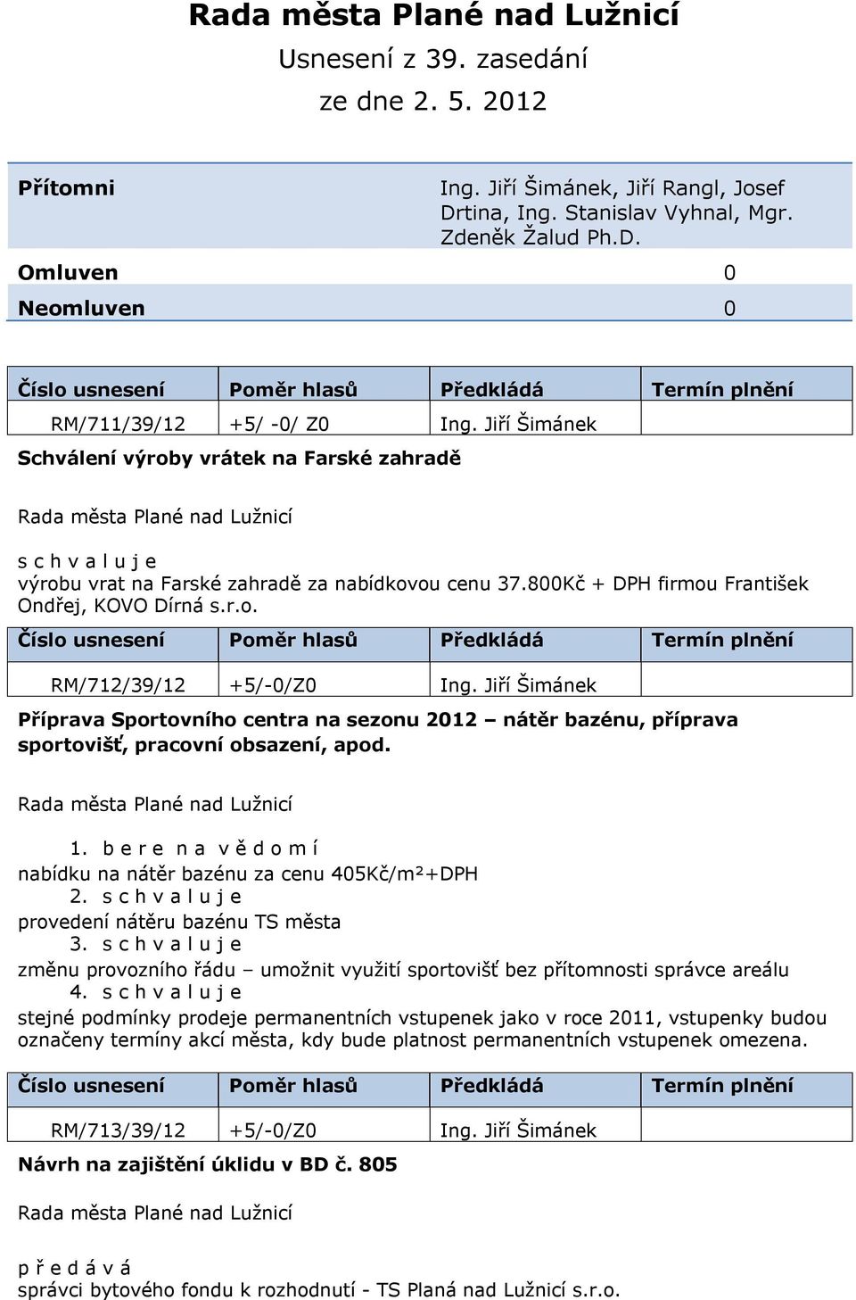 800Kč + DPH firmou František Ondřej, KOVO Dírná s.r.o. RM/712/39/12 Příprava Sportovního centra na sezonu 2012 nátěr bazénu, příprava sportovišť, pracovní obsazení, apod. 1.