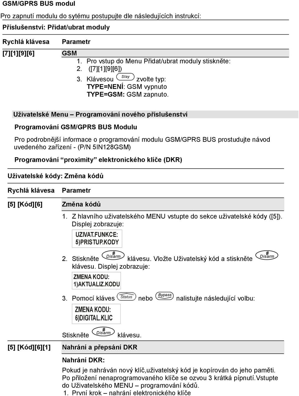 Uživatelské Menu Programování nového příslušenství Programování GSM/GPRS BUS Modulu Pro podrobnější informace o programování modulu GSM/GPRS BUS prostudujte návod uvedeného zařízení - (P/N 5IN128GSM)