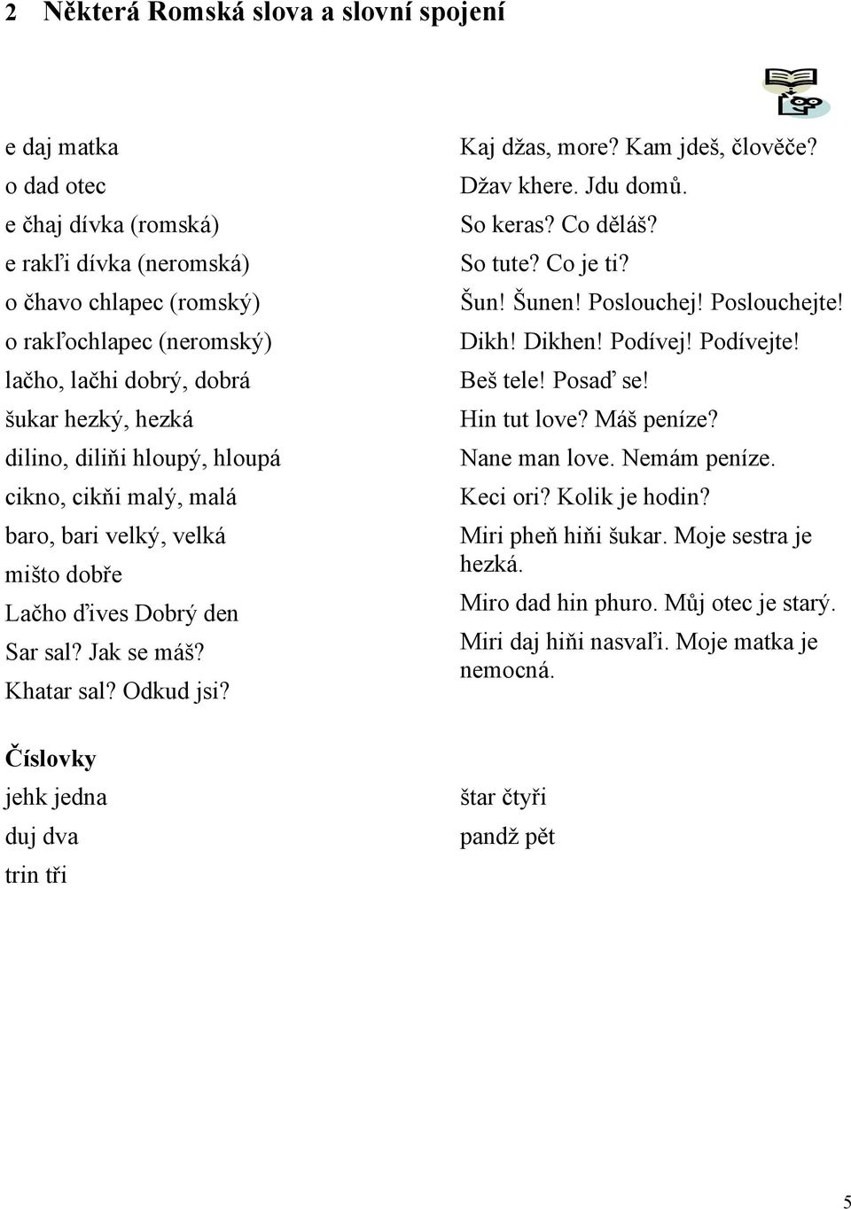 Číslovky jehk jedna duj dva trin tři Kaj džas, more? Kam jdeš, člověče? Džav khere. Jdu domů. So keras? Co děláš? So tute? Co je ti? Šun! Šunen! Poslouchej! Poslouchejte! Dikh! Dikhen! Podívej!