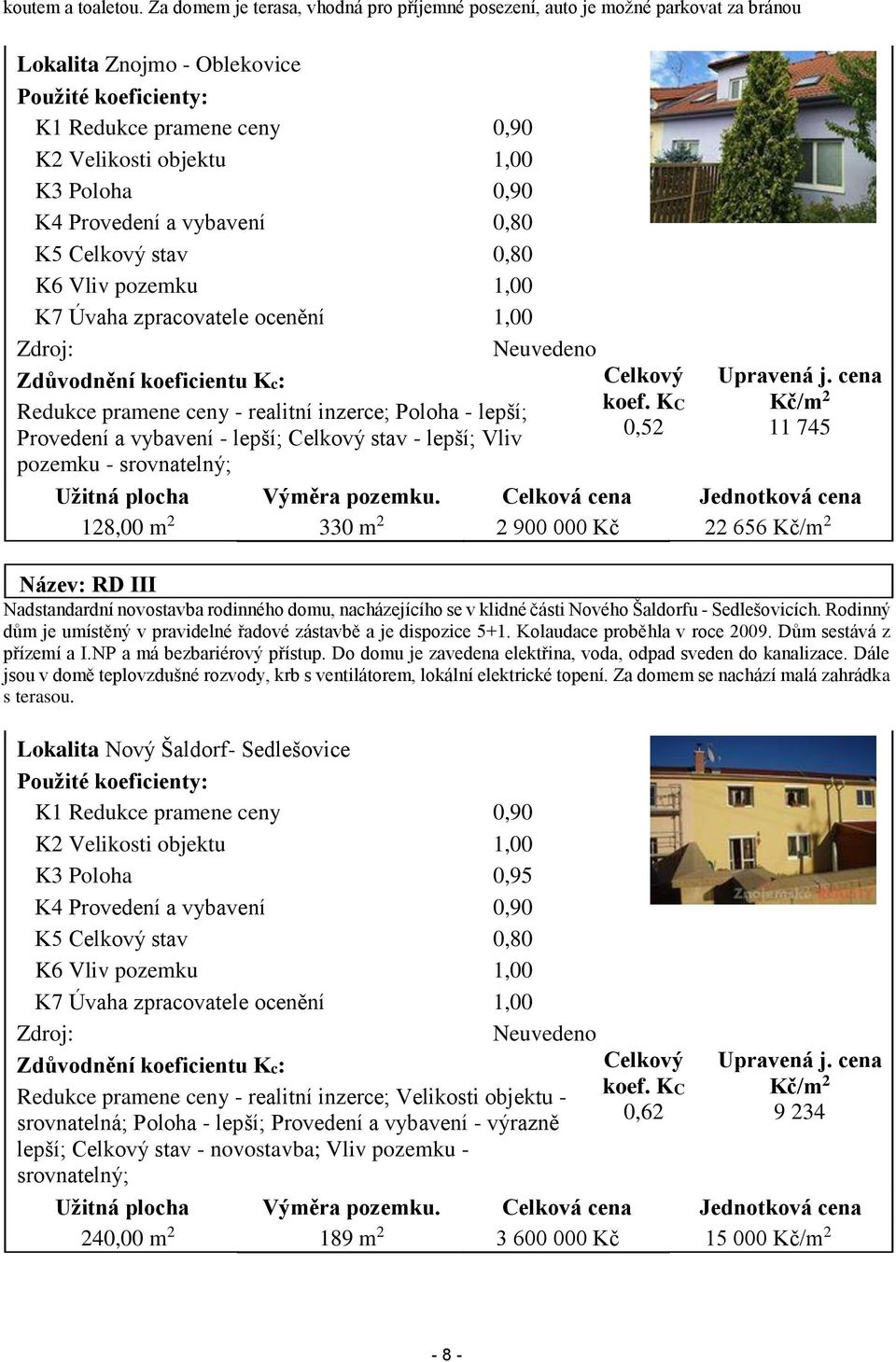 0,90 K4 Provedení a vybavení 0,80 K5 Celkový stav 0,80 K6 Vliv pozemku 1,00 K7 Úvaha zpracovatele ocenění 1,00 Zdroj: Neuvedeno Zdůvodnění koeficientu Kc: Celkový Redukce pramene ceny - realitní