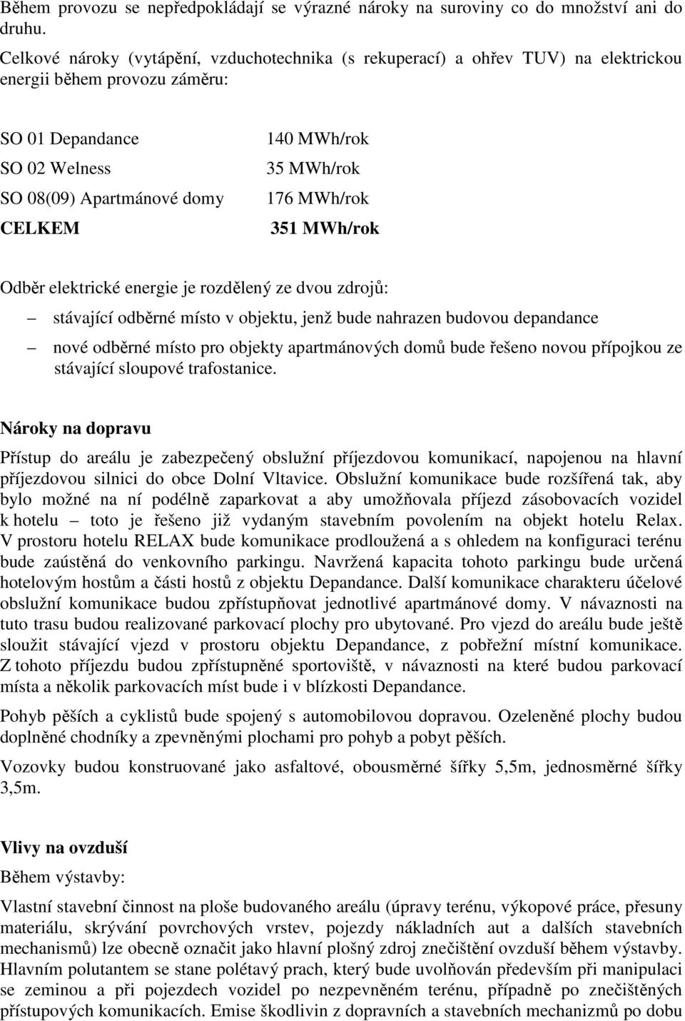 176 MWh/rok 351 MWh/rok Odběr elektrické ergie je rozdělený ze dvou zdrojů: stávající odběrné místo v objektu, jenž bude nahrazen budovou depandance nové odběrné místo pro objekty apartmánových domů