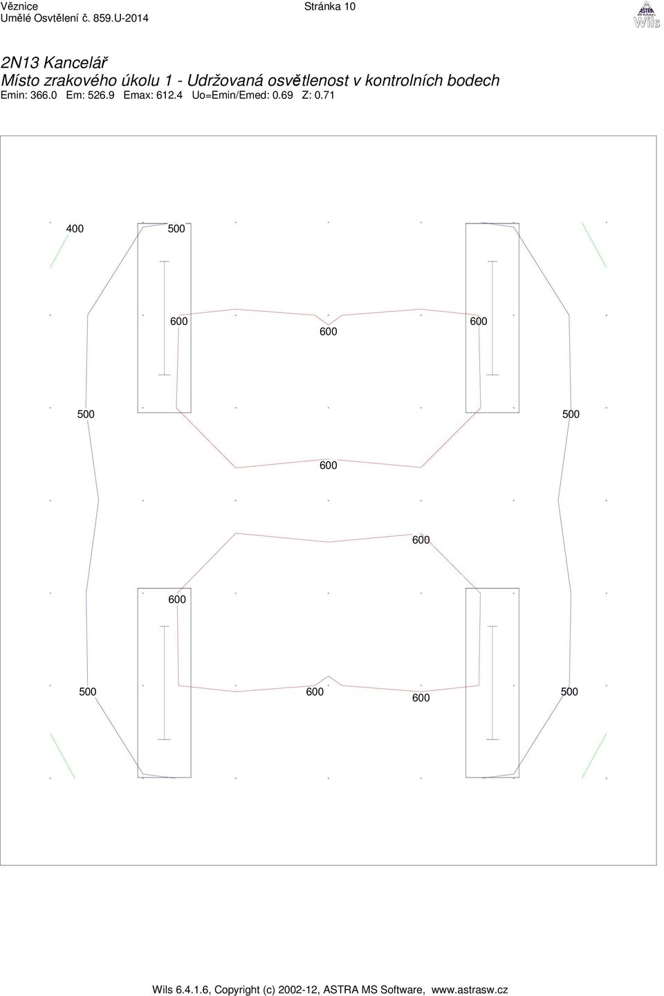 osvětlenost v kontrolních bodech Emin: 366.0 Em: 526.9 Emax: 612.