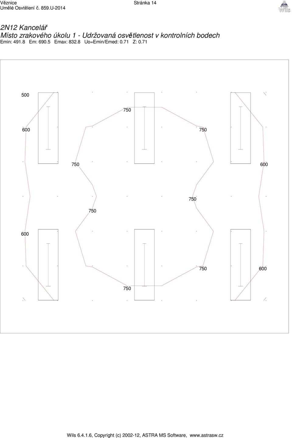 osvětlenost v kontrolních bodech Emin: 491.8 Em: 690.5 Emax: 832.