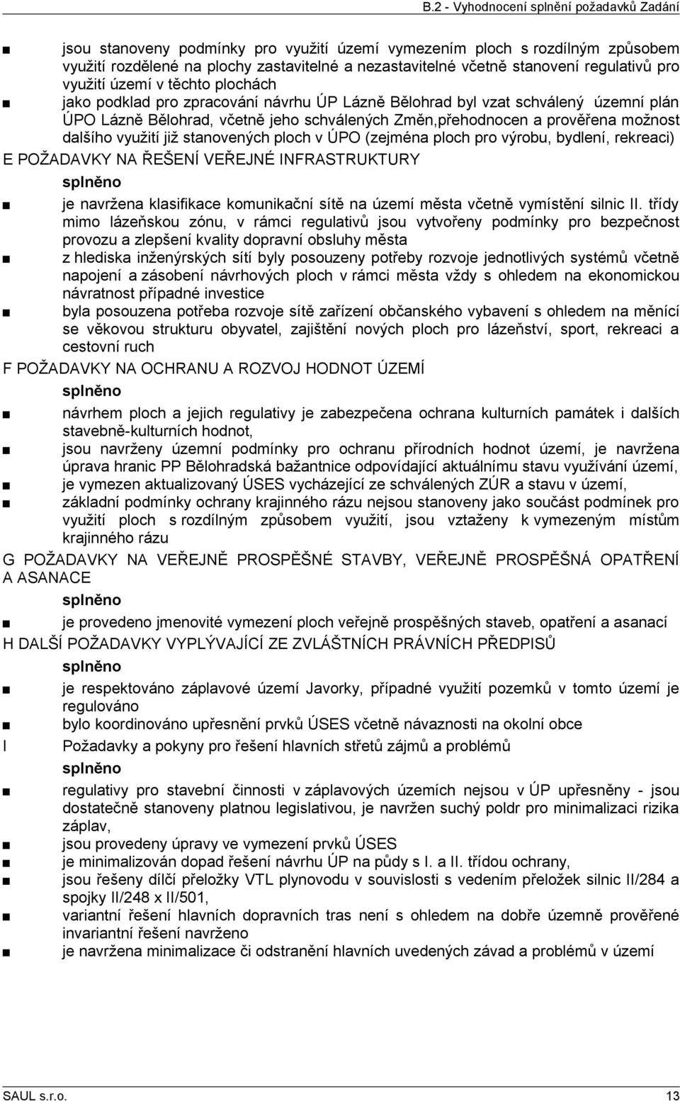 prověřena možnost dalšího využití již stanovených ploch v ÚPO (zejména ploch pro výrobu, bydlení, rekreaci) E POŽADAVKY NA ŘEŠENÍ VEŘEJNÉ INFRASTRUKTURY splněno navržena klasifikace komunikační sítě