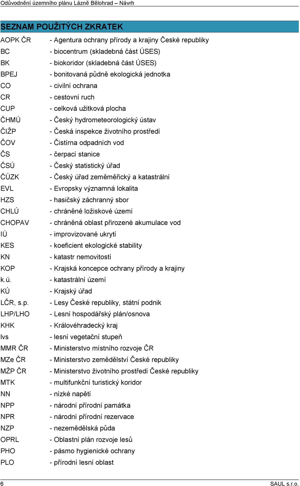prostředí ČOV - Čistírna odpadních vod ČS - čerpací stanice ČSÚ - Český statistický úřad ČÚZK - Český úřad zeměměřický a katastrální EVL - Evropsky významná lokalita HZS - hasičský záchranný sbor