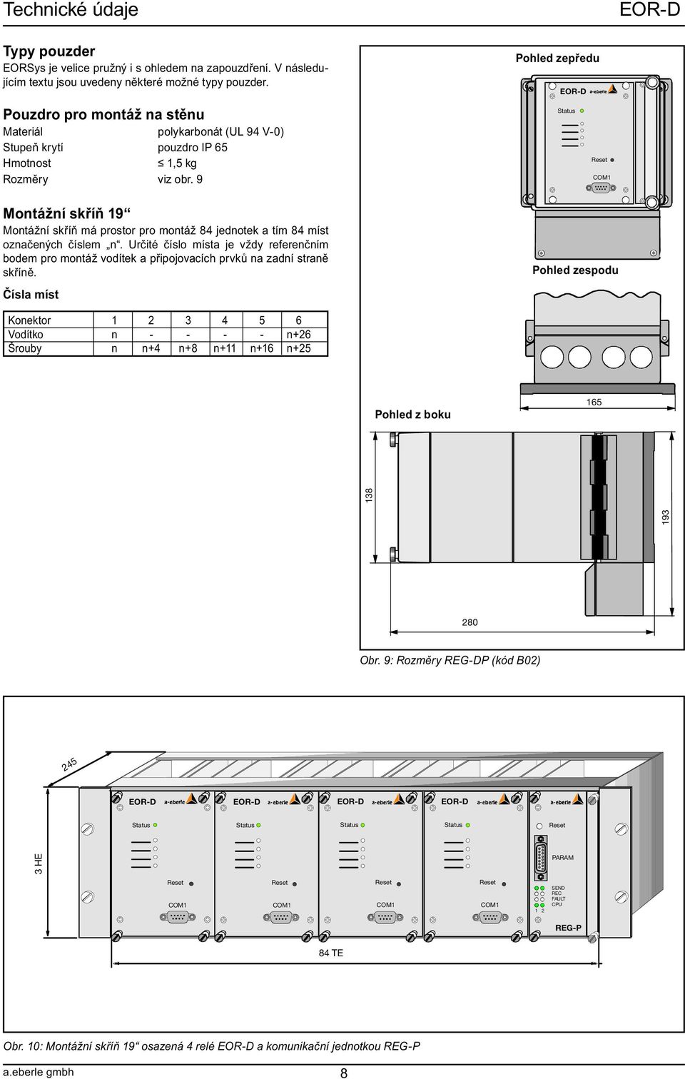 9 Pohled zepředu COM Montážní skříň 9 Montážní skříň má prostor pro montáž 8 jednotek a tím 8 míst označených číslem n.