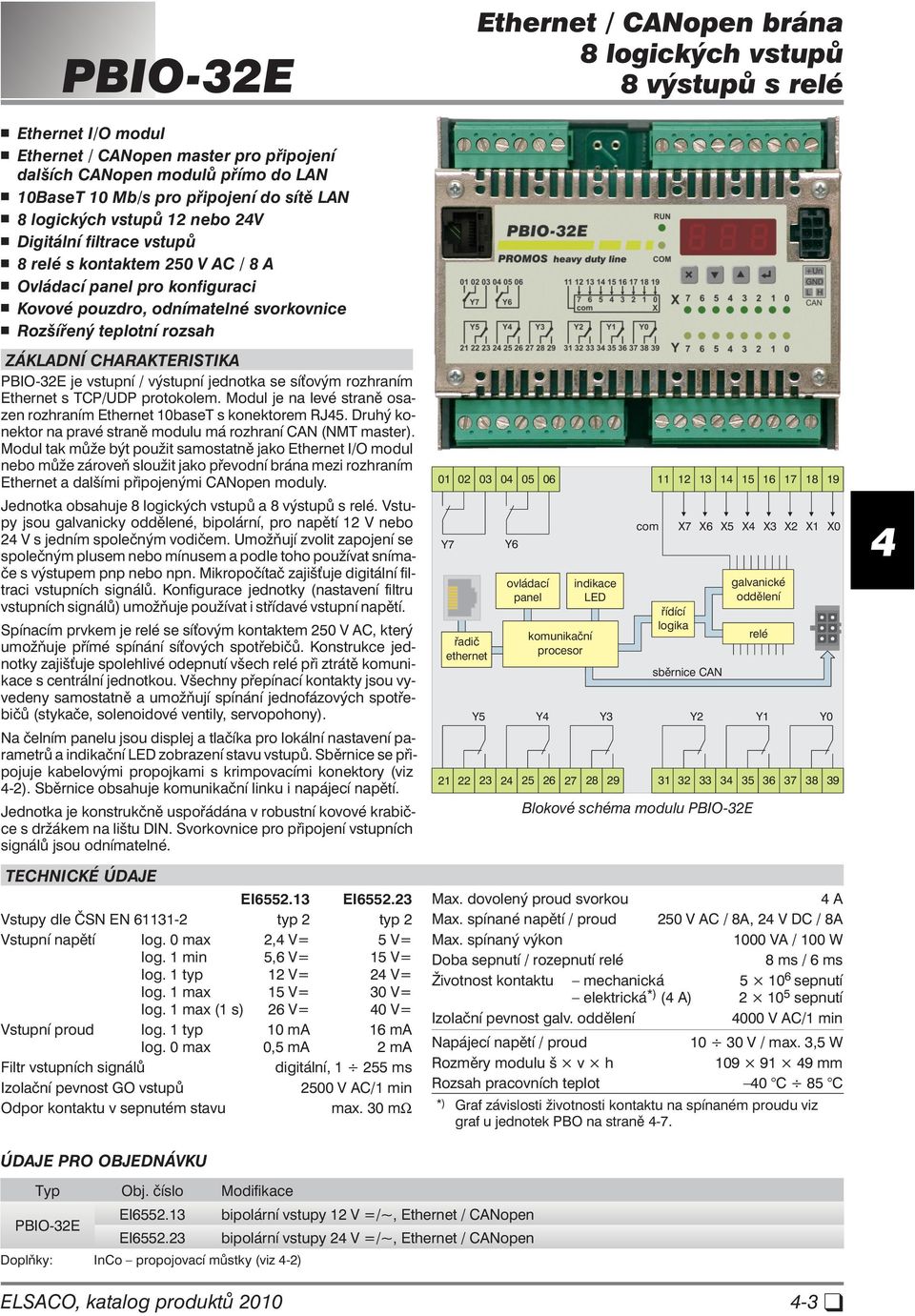 CHA RAK TE RIS TI KA PBIO-32E je vstup ní / vý stup ní jed not ka se síťovým roz hra ním Ether net s TCP/UDP pro to ko lem.