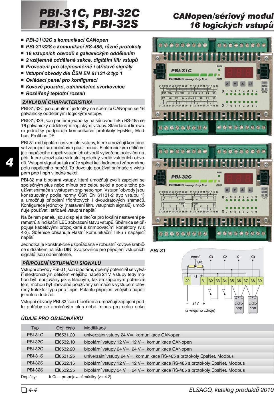 ZÁ KLAD NÍ CHA RAK TE RIS TI KA PBI-31/32C jsou periferní jednotky na sběrnici CANopen se galvanicky oddělenými logickými vstupy.