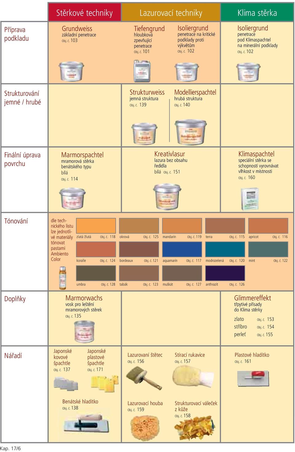 č. 114 Kreativlasur lazura bez obsahu ředidla bílá Obj. č. 151 Klimaspachtel speciální stěrka se schopností vyrovnávat vlhkost v místnosti Obj. č. 160 Tónování dle technického listu lze jednotlivé materiály tónovat pastami Ambiento Color zlatá žlutá Obj.