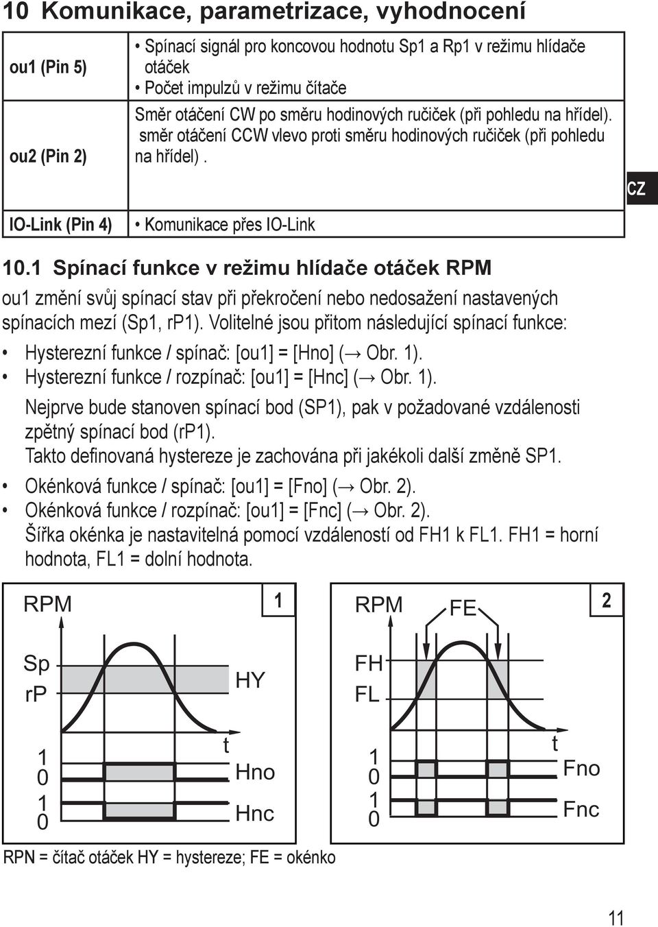 Spínací funkce v režimu hlídače otáček RPM ou změní svůj spínací stav při překročení nebo nedosažení nastavených spínacích mezí (Sp, rp).