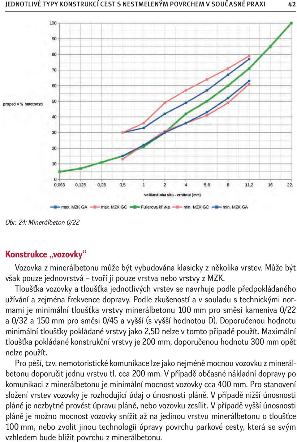 Podle zkušeností a v souladu s technickými normami je minimální tloušťka vrstvy minerálbetonu 100 mm pro směsi kameniva 0/22 a 0/32 a 150 mm pro směsi 0/45 a vyšší (s vyšší hodnotou D).