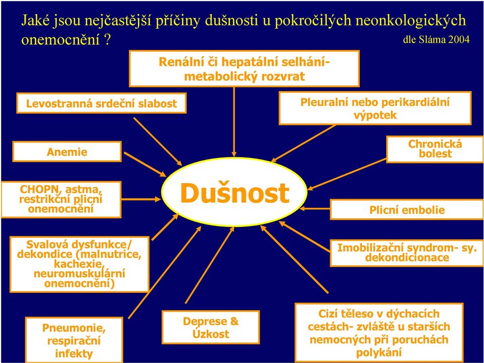 Chronická bolest CHOPN, astma, restrikční plicní onemocnění Dušnost Plicní embolie Svalová dysfunkce/ dekondice (malnutrice, kachexie,