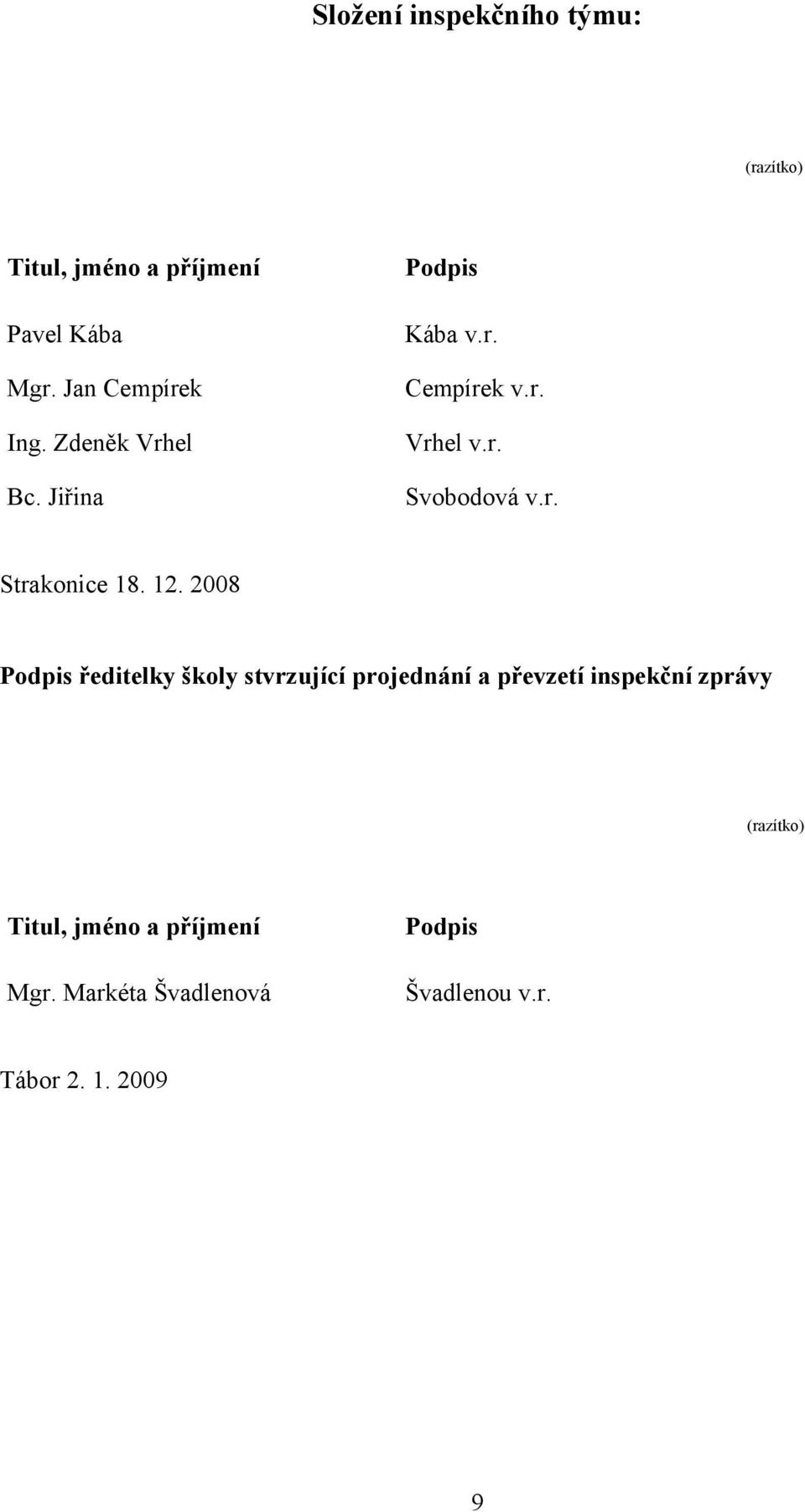 12. 2008 Podpis ředitelky školy stvrzující projednání a převzetí inspekční zprávy (razítko)