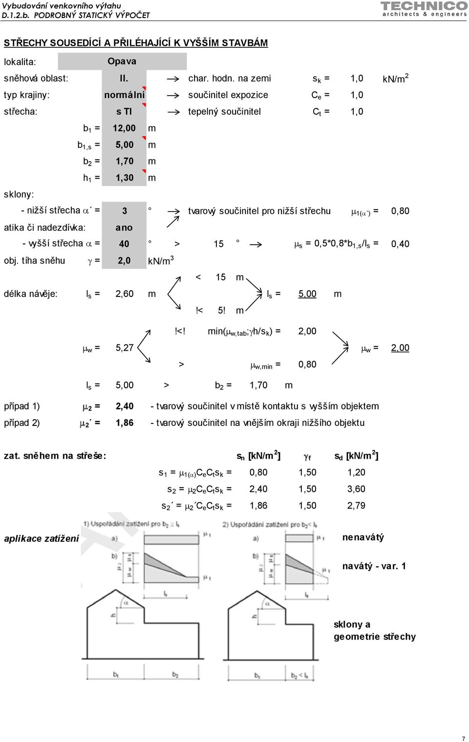 α = 3 tvarový součinitel pro nižší střechu µ 1(α ) = 0,80 atika či nadezdívka: ano - vyšší střecha α = 40 > 15 µ s = 0,5*0,8*b 1,s /l s = 0,40 délka návěje: l s = 2,60 m l s = 5,00 m!< 