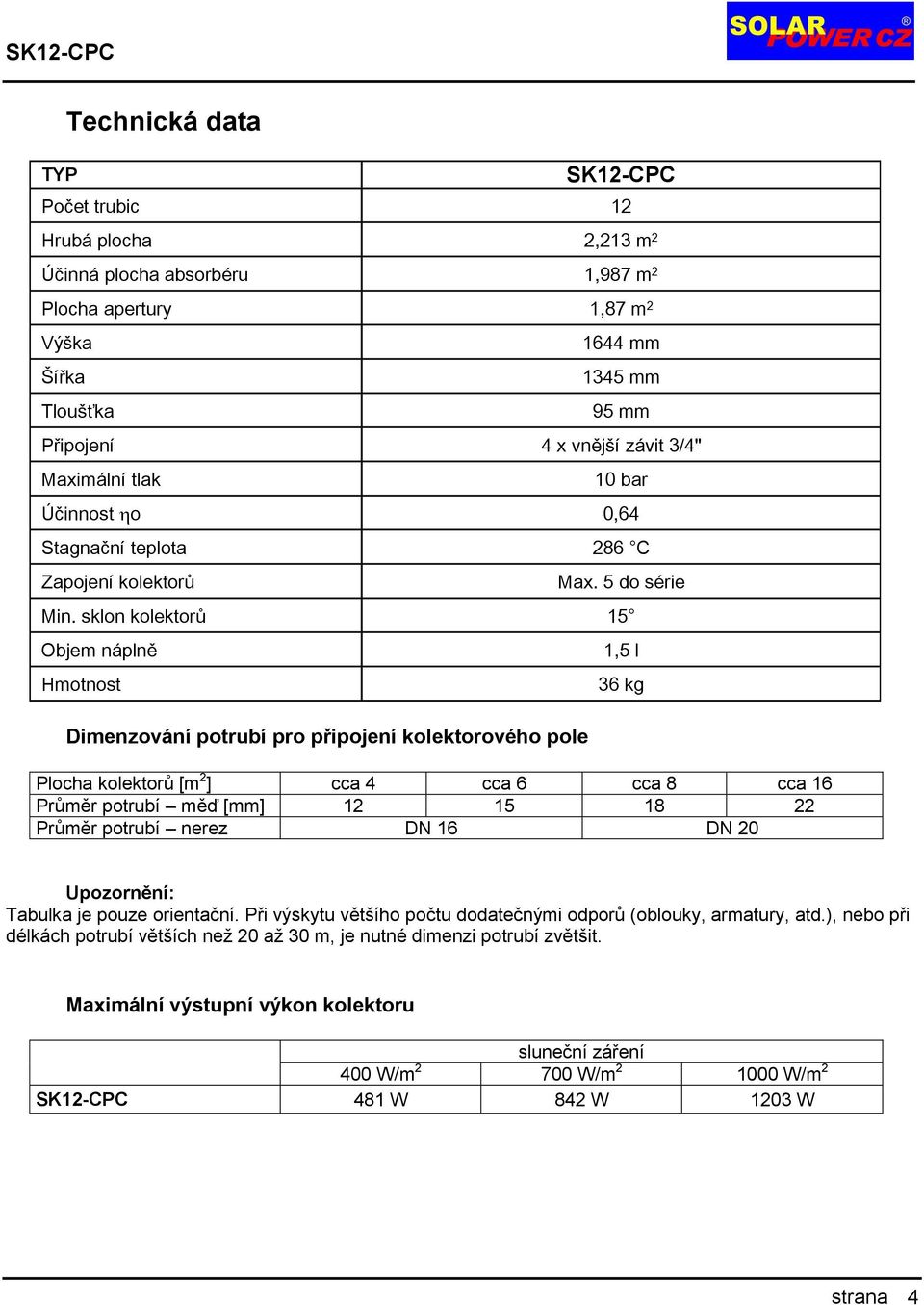 sklon kolektorů 15 Objem náplně Hmotnost Dimenzování potrubí pro připojení kolektorového pole 1,5 l 36 kg Plocha kolektorů [m 2 ] cca 4 cca 6 cca 8 cca 16 Průměr potrubí měď [mm] 12 15 18 22 Průměr