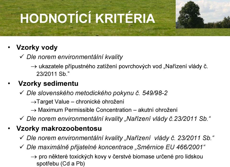 549/98-2 Target Value chronické ohrožení Maximum Permissible Concentration akutní ohrožení Dle norem environmentální kvality Nařízení vlády č.