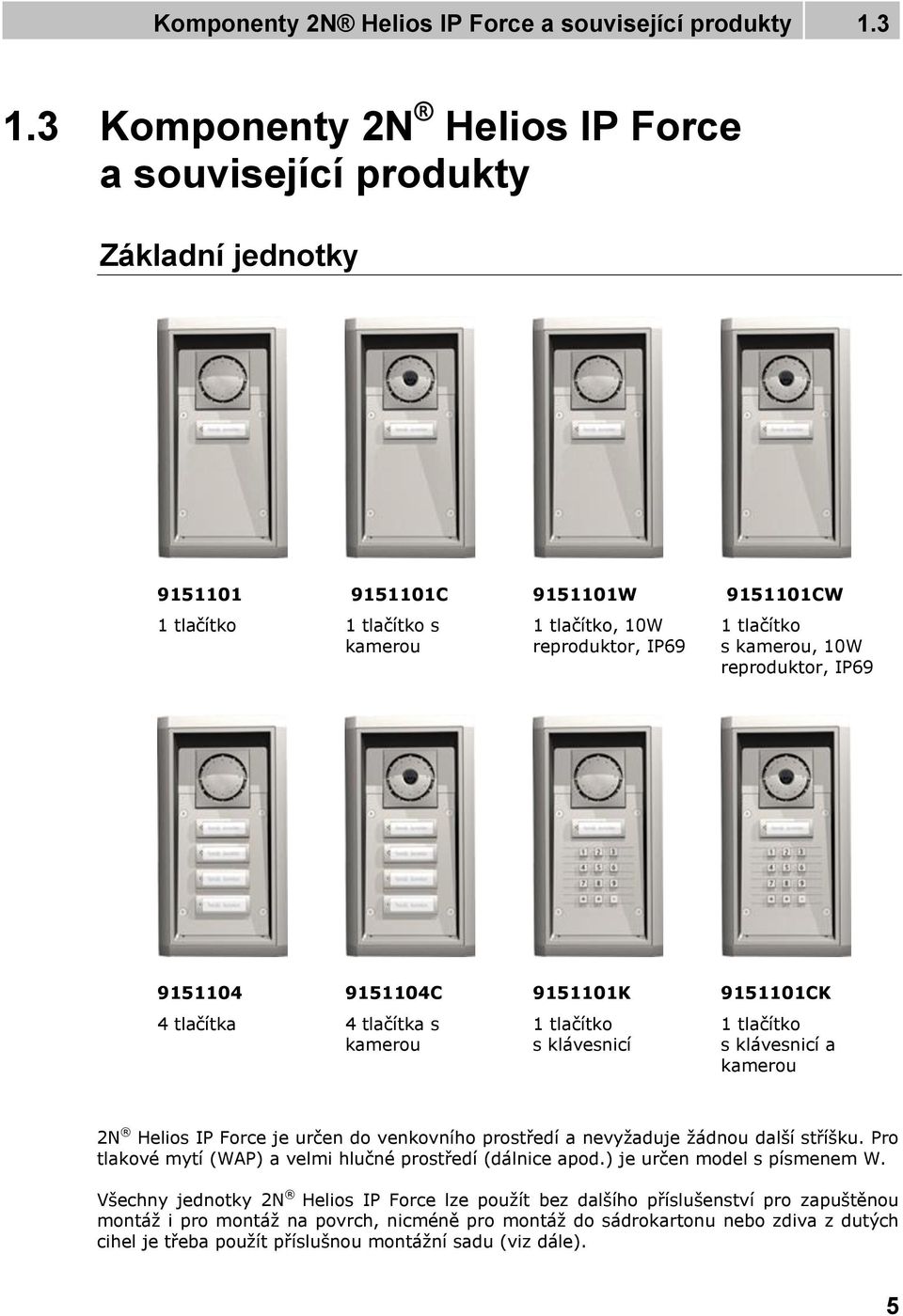 10W reproduktor, IP69 9151104 9151104C 9151101K 9151101CK 4 tlačítka 4 tlačítka s kamerou 1 tlačítko s klávesnicí 1 tlačítko s klávesnicí a kamerou 2N Helios IP Force je určen do venkovního prostředí