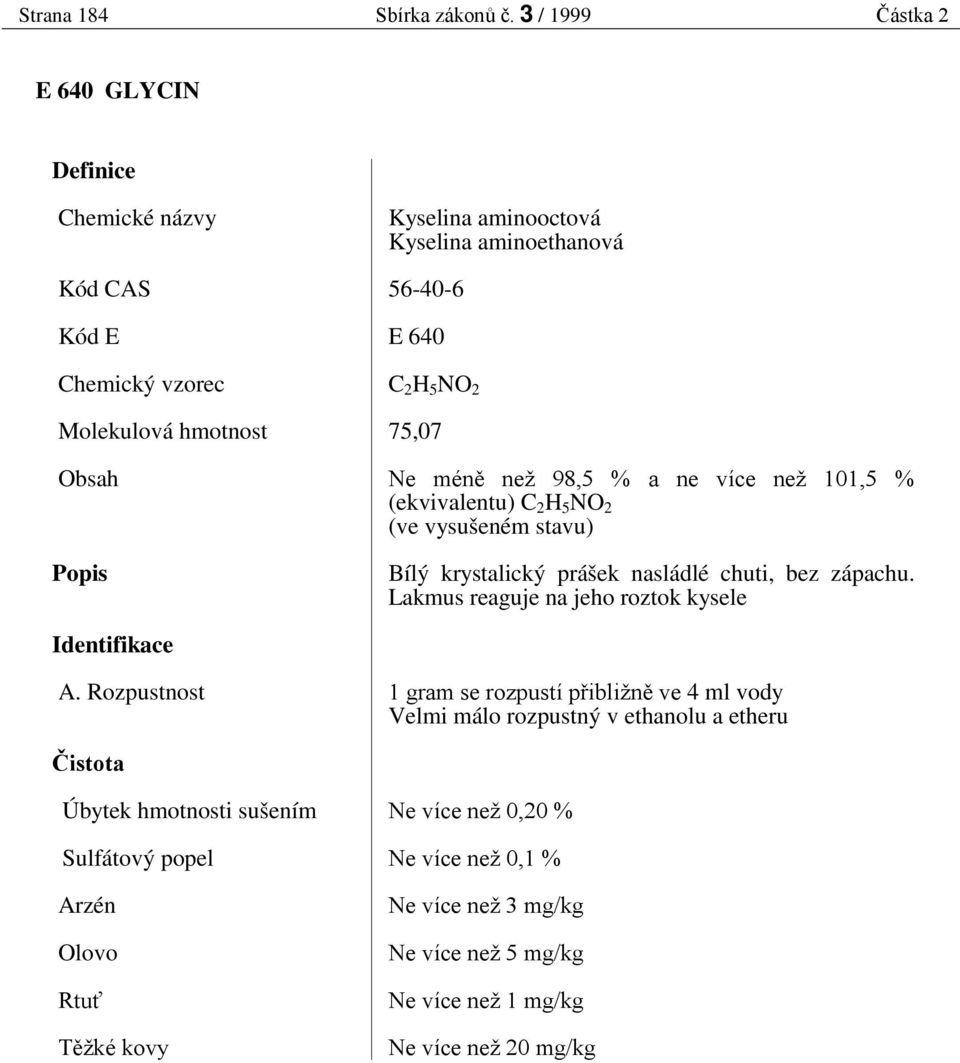 640 C 2 H 5 NO 2 75,07 Ne mén než 98,5 % a ne více než 0,5 % (ekvivalentu) C 2 H 5 NO 2 (ve vysušeném stavu) Bílý krystalický prášek nasládlé chuti,