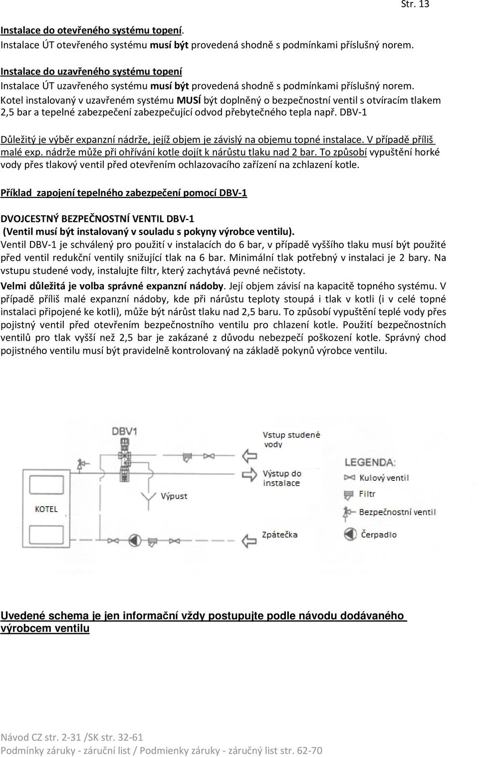 Kotel instalovaný v uzavřeném systému MUSÍ být doplněný o bezpečnostní ventil s otvíracím tlakem 2,5 bar a tepelné zabezpečení zabezpečující odvod přebytečného tepla např.