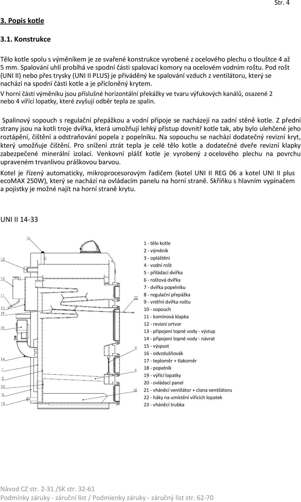 Pod rošt (UNI II) nebo přes trysky (UNI II PLUS) je přiváděný ke spalování vzduch z ventilátoru, který se nachází na spodní části kotle a je přicloněný krytem.