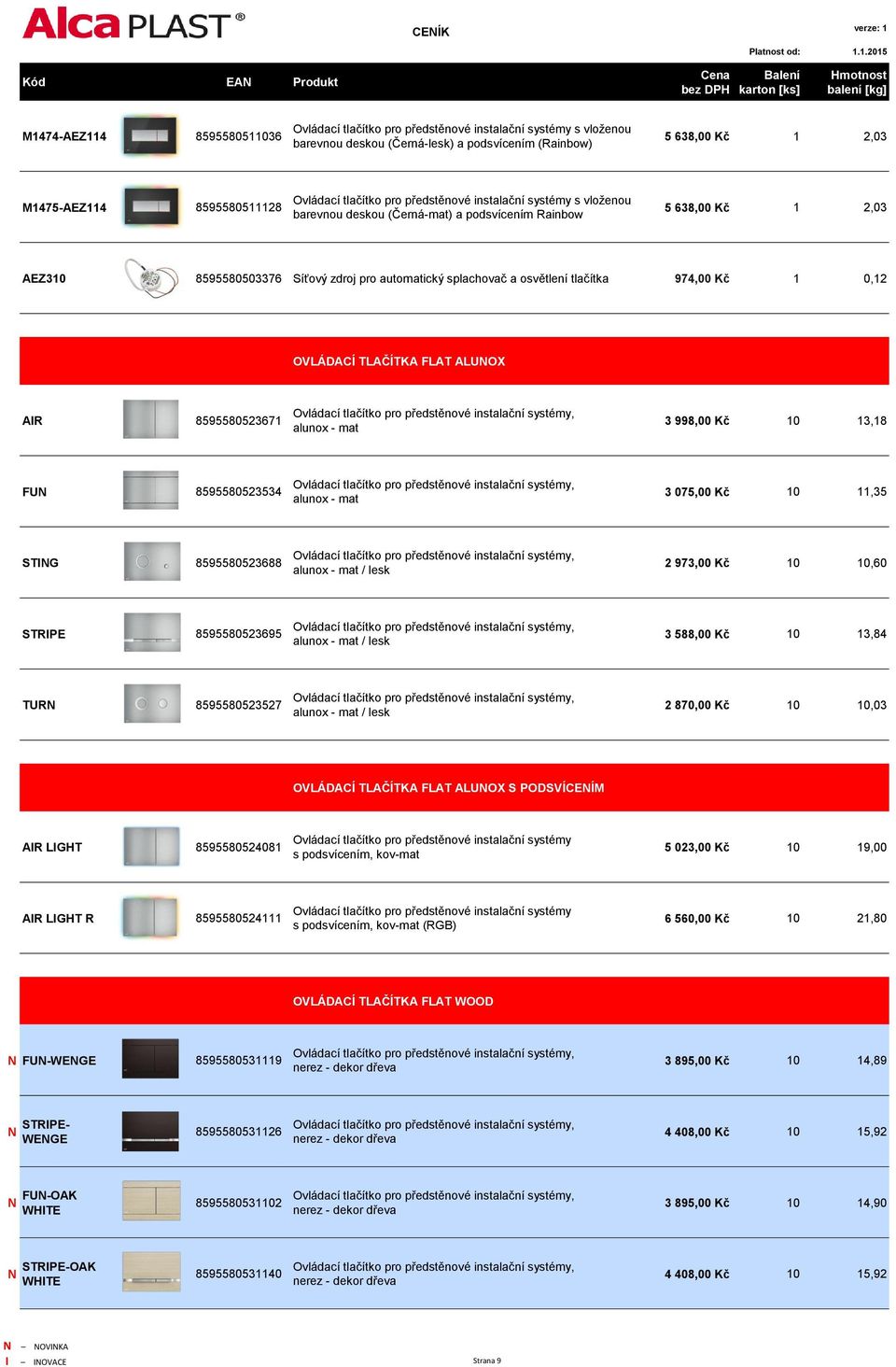 systémy, alunox - mat 3 998,00 Kč 10 13,18 FUN 8595580523534 Ovládací tlačítko pro předstěnové instalační systémy, alunox - mat 3 075,00 Kč 10 11,35 STING 8595580523688 Ovládací tlačítko pro