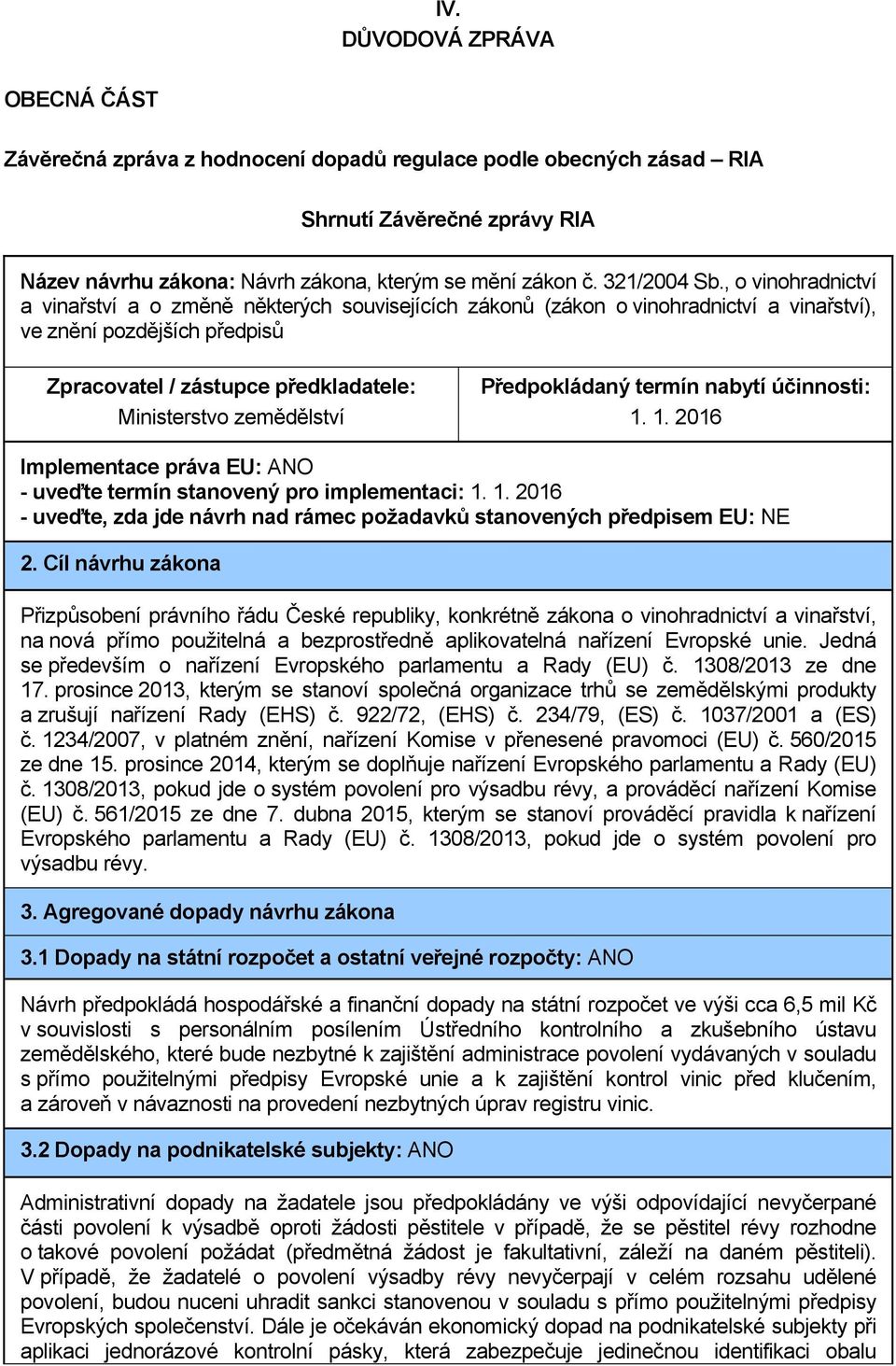 , o vinohradnictví a vinařství a o změně některých souvisejících zákonů (zákon o vinohradnictví a vinařství), ve znění pozdějších předpisů Zpracovatel / zástupce předkladatele: Ministerstvo