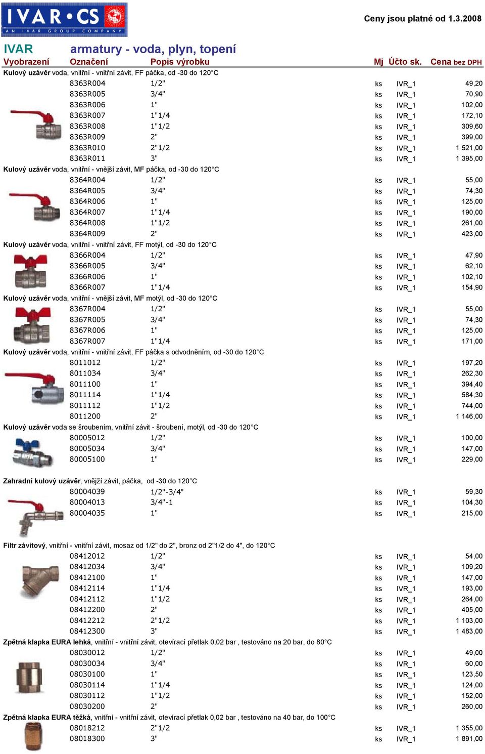 IVR_1 55,00 8364R005 3/4" ks IVR_1 74,30 8364R006 1" ks IVR_1 125,00 8364R007 1"1/4 ks IVR_1 190,00 8364R008 1"1/2 ks IVR_1 261,00 8364R009 2" ks IVR_1 423,00 Kulový uzávěr voda, vnitřní - vnitřní