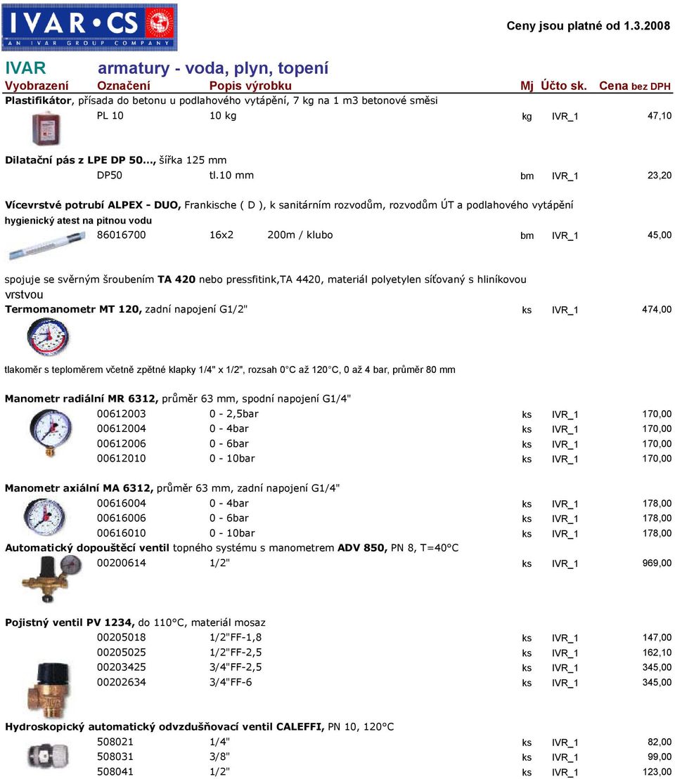 45,00 spojuje se svěrným šroubením TA 420 nebo pressfitink,ta 4420, materiál polyetylen síťovaný s hliníkovou vrstvou Termomanometr MT 120, zadní napojení G1/2" ks IVR_1 474,00 tlakoměr s teploměrem