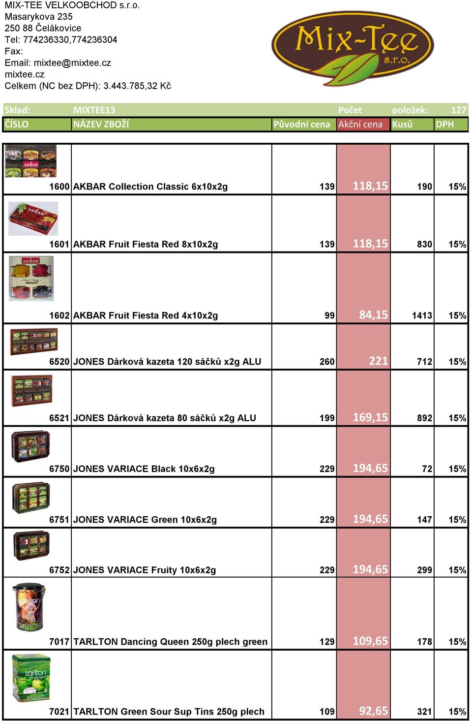 830 15% 1602 AKBAR Fruit Fiesta Red 4x10x2g 99 84,15 1413 15% 6520 JONES Dárková kazeta 120 sáčků x2g ALU 260 221 712 15% 6521 JONES Dárková kazeta 80 sáčků x2g ALU 199 169,15 892 15% 6750 JONES