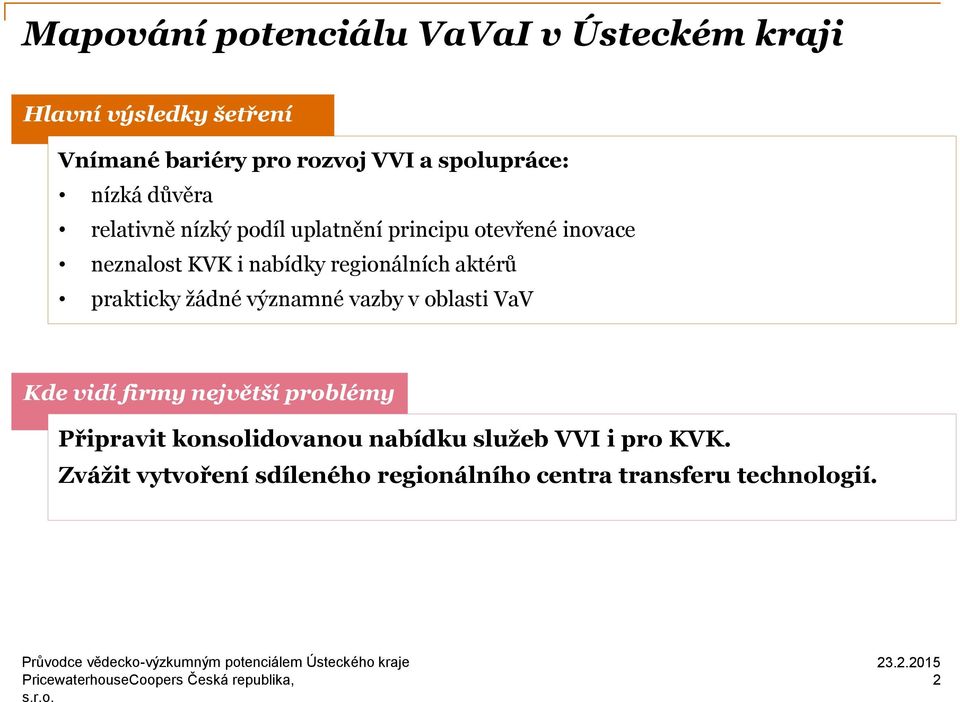 žádné významné vazby v oblasti VaV Kde vidí firmy největší problémy Připravit konsolidovanou nabídku služeb VVI i pro KVK.