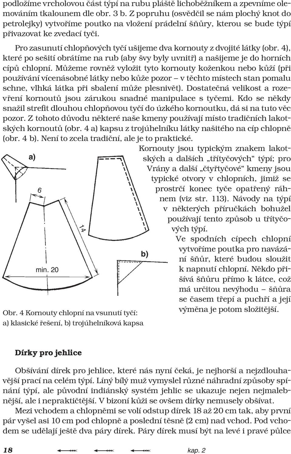 Pro zasunutí chlopòových tyèí ušijeme dva kornouty z dvojité látky (obr. 4), které po sešití obrátíme na rub (aby švy byly uvnitø) a našijeme je do horních cípù chlopní.