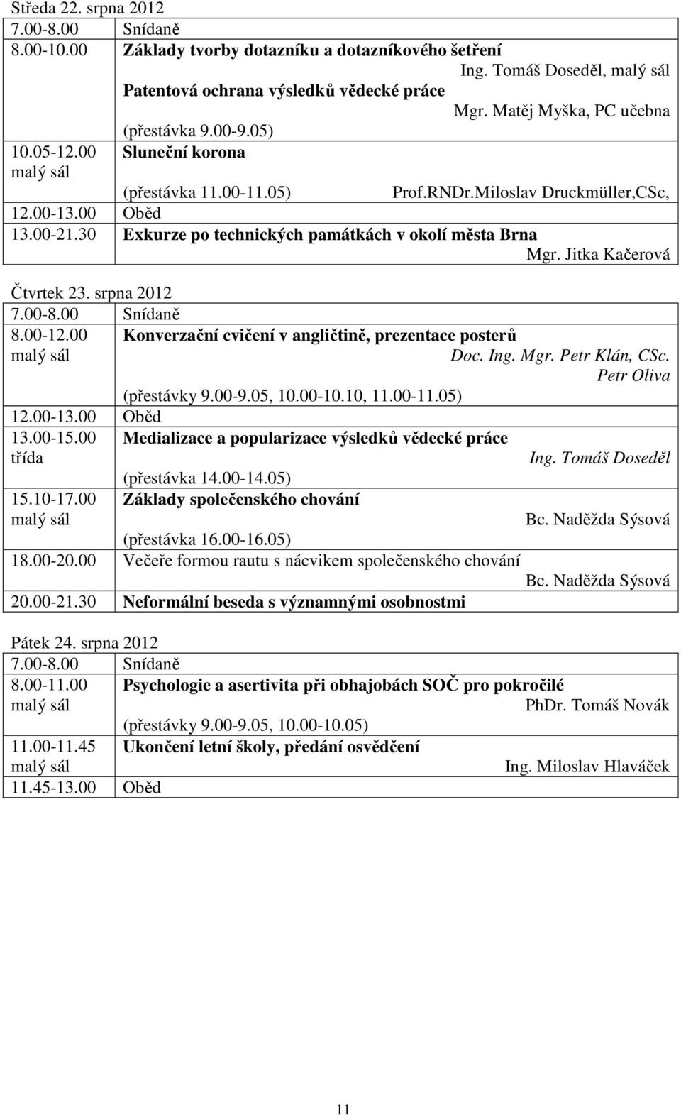 30 Exkurze po technických památkách v okolí města Brna Mgr. Jitka Kačerová Čtvrtek 23. srpna 2012 7.00-8.00 Snídaně 8.00-12.00 Konverzační cvičení v angličtině, prezentace posterů Doc. Ing. Mgr. Petr Klán, CSc.