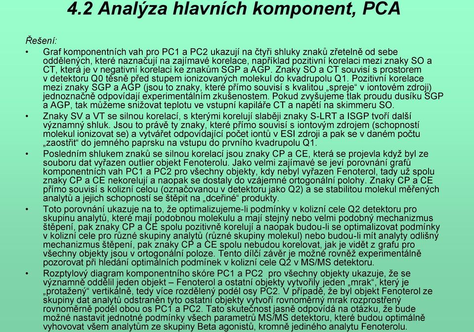 Pozitivní korelace mezi znaky SGP a AGP (jsou to znaky, které přímo souvisí s kvalitou spreje v iontovém zdroji) jednoznačně odpovídají experimentálním zkušenostem.