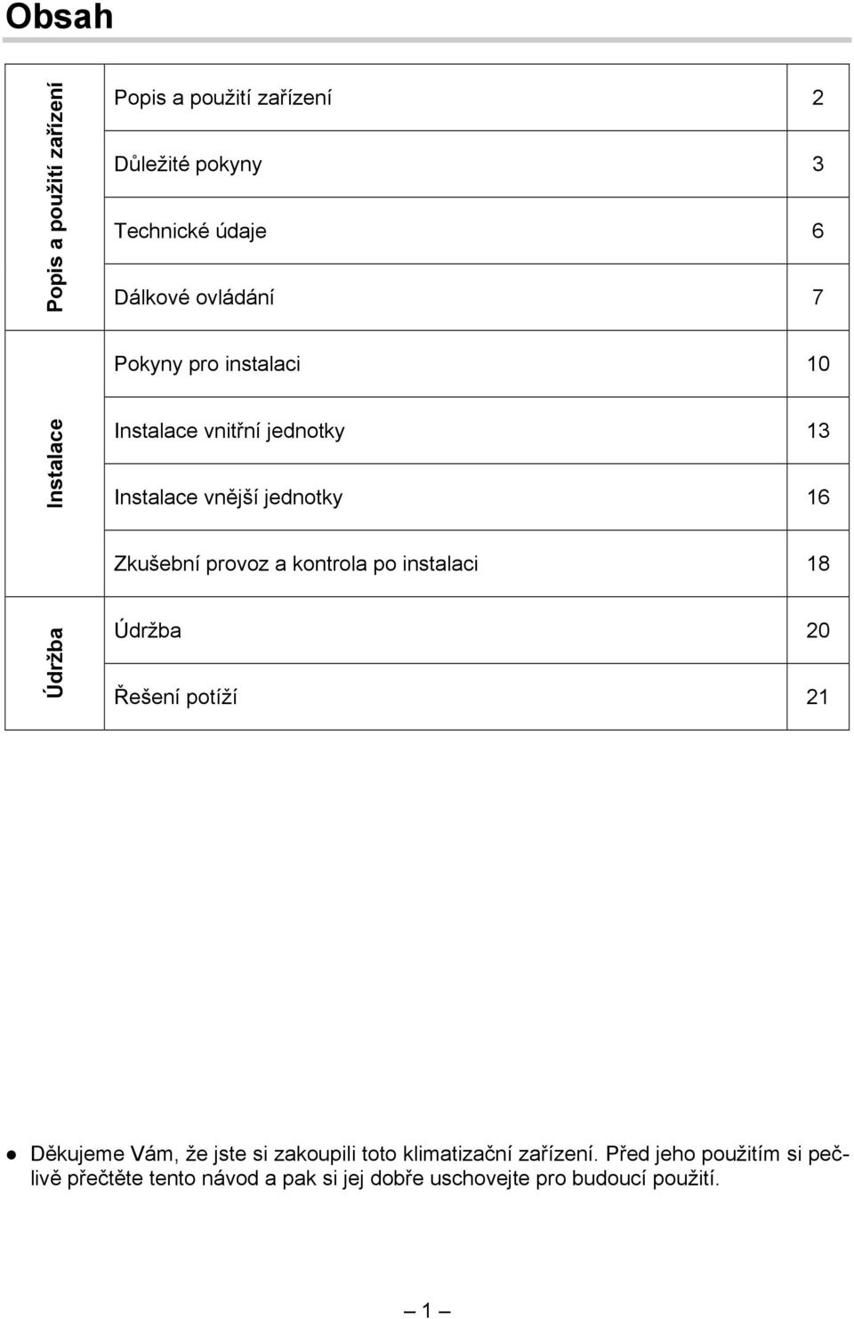kontrola po instalaci 18 Údržba Údržba 20 Řešení potíží 21 Děkujeme Vám, že jste si zakoupili toto klimatizační