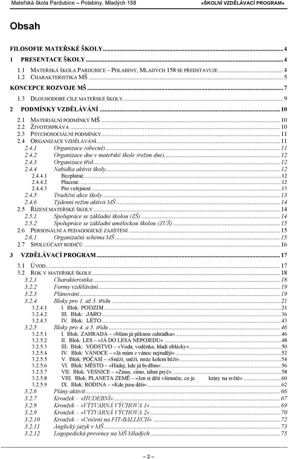 .. 11 2.4.2 Organizace dne v mateřské škole (režim dne)... 12 2.4.3 Organizace tříd... 12 2.4.4 Nabídka aktivit školy... 12 2.4.4.1 Bezplatné...12 2.4.4.2 Placené...12 2.4.4.3 Pro veřejnost...13 2.4.5 Tradiční akce školy.